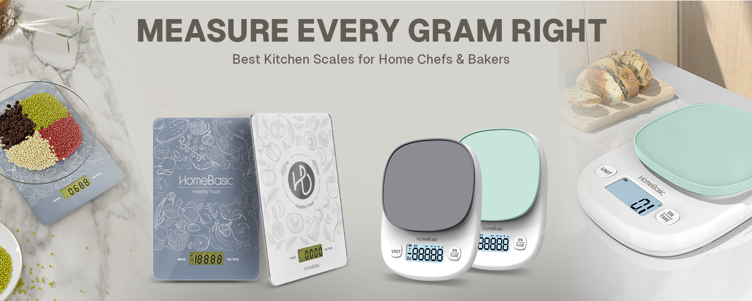 top-rated digital kitchen weighing scales by HomeBasic. Accurate, portable, and perfect for cooking, baking & dieting with 1g–5kg range.