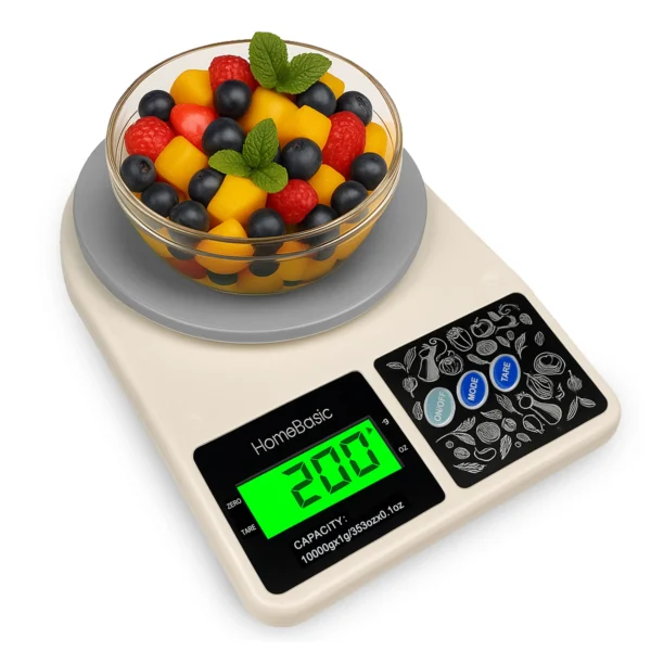 HomeBasic digital food scale in grey & beige. 5Kg max, 0.1g precision, tare function & multi-units