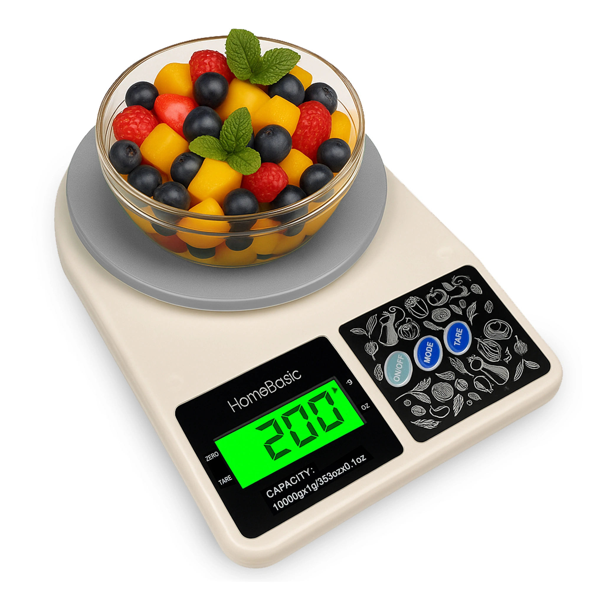 HomeBasic digital food scale in grey & beige. 5Kg max, 0.1g precision, tare function & multi-units