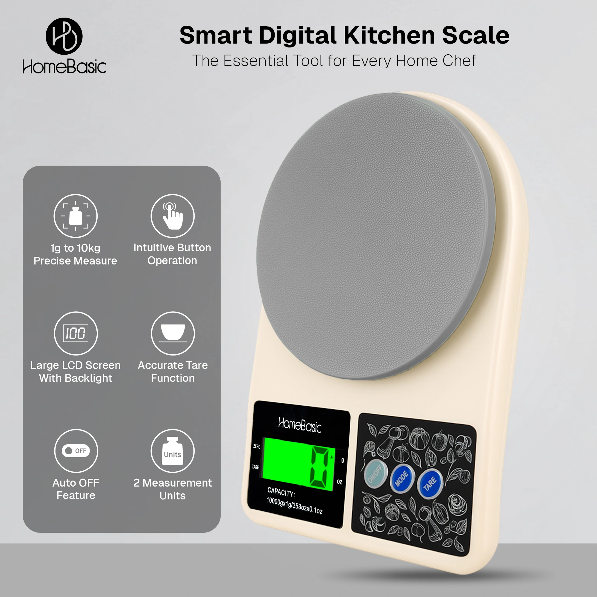 HomeBasic digital food scale in grey & beige. 5Kg max, 0.1g precision, tare function & multi-units