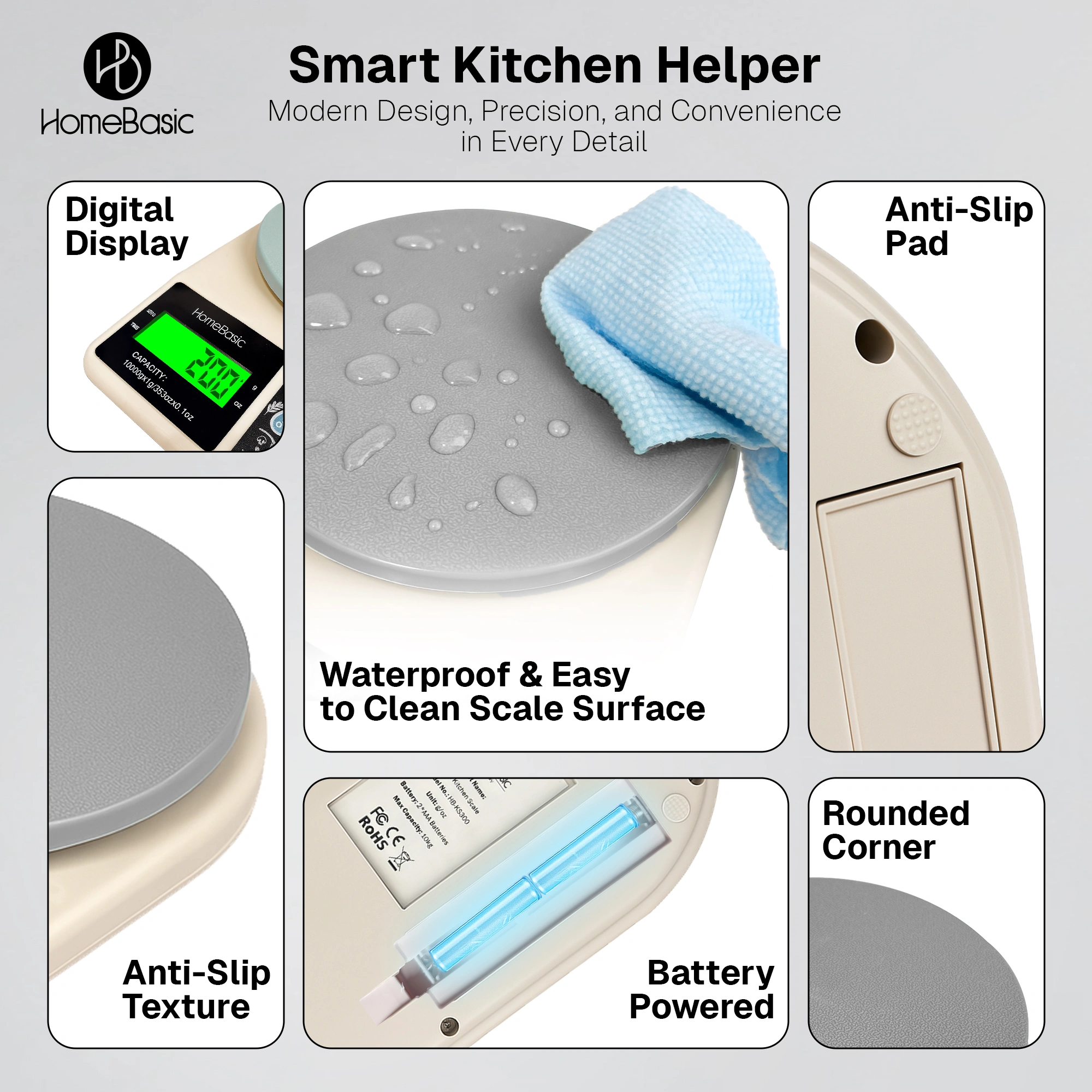 HomeBasic digital food scale in grey & beige. 5Kg max, 0.1g precision, tare function & multi-units