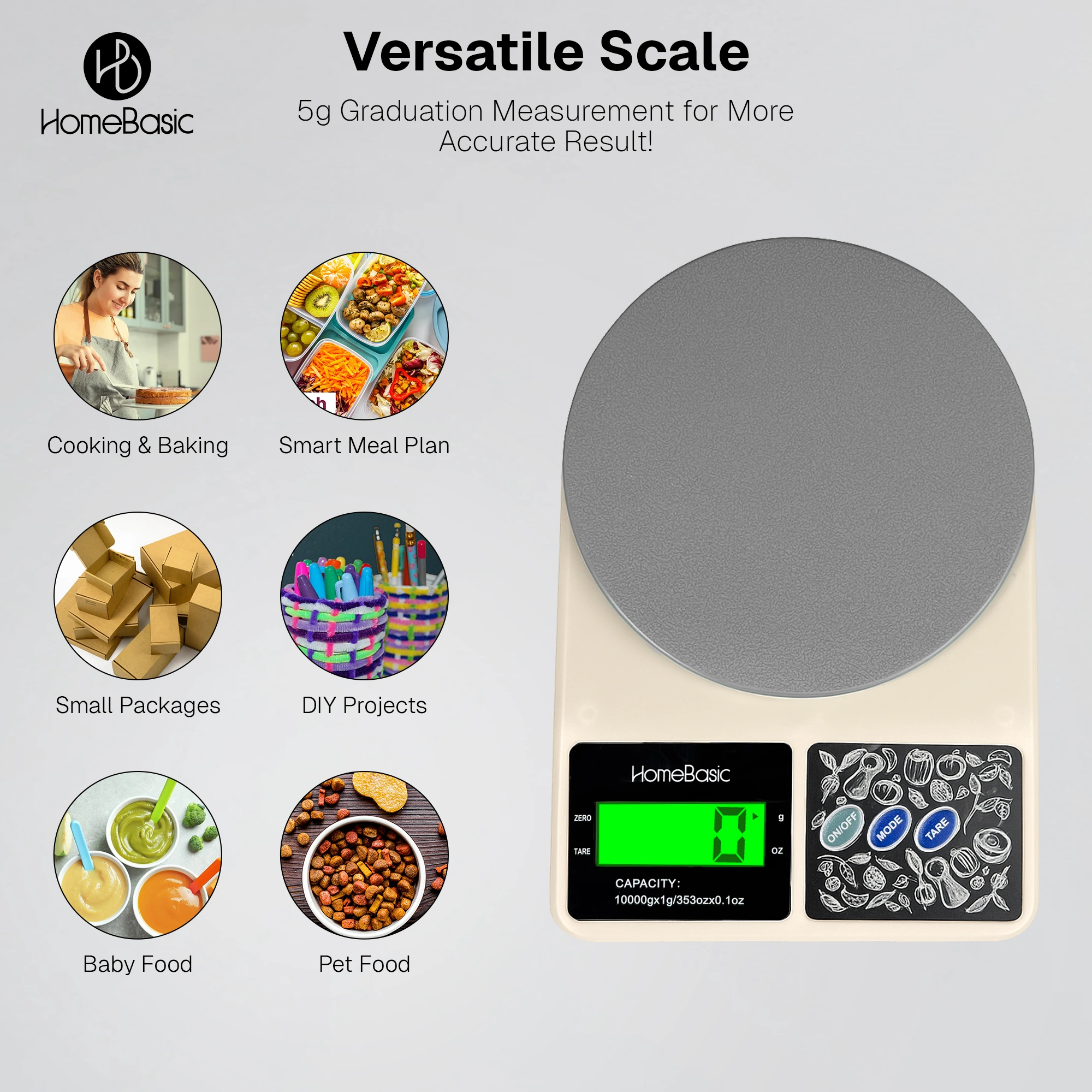 HomeBasic digital food scale in grey & beige. 5Kg max, 0.1g precision, tare function & multi-units