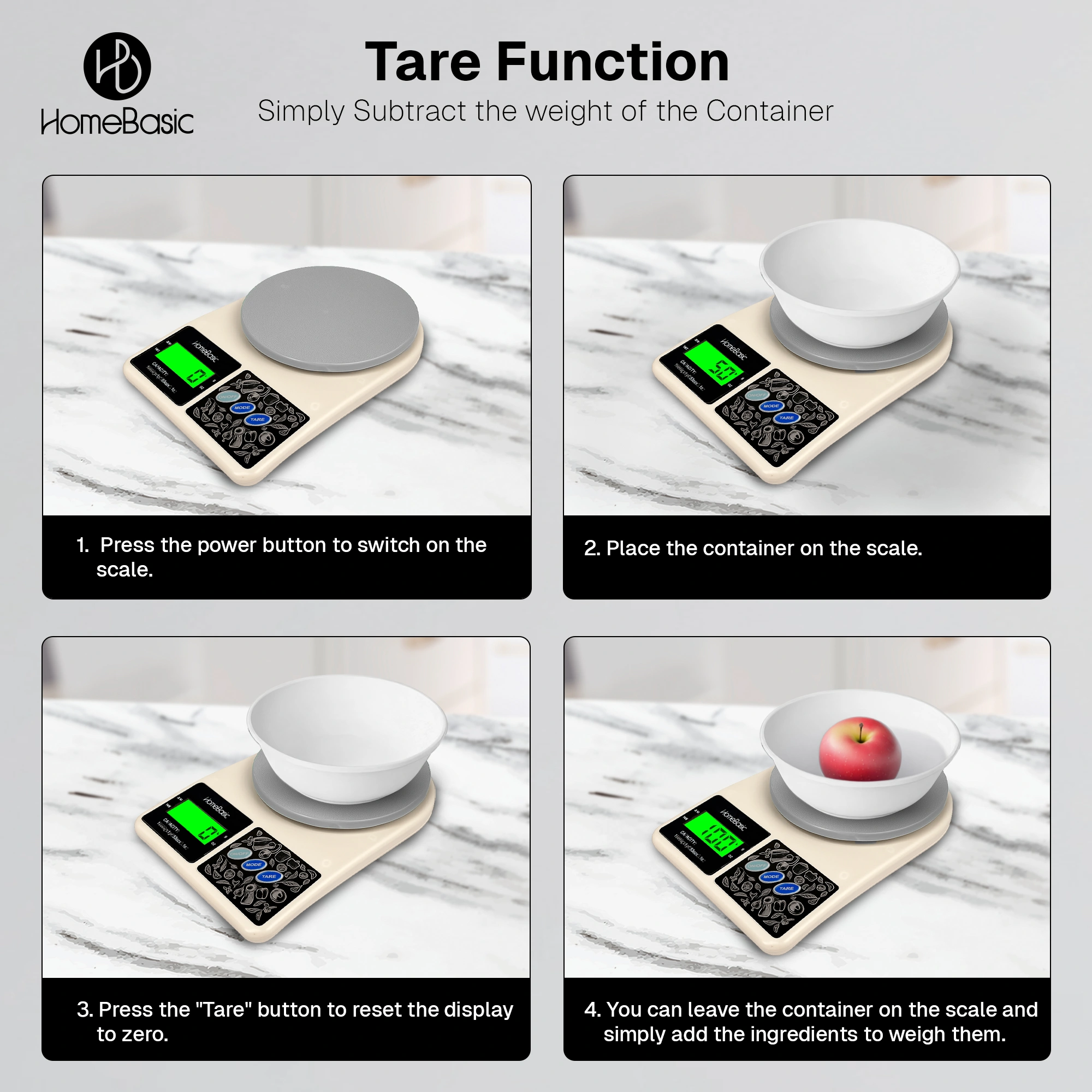 HomeBasic digital food scale in grey & beige. 5Kg max, 0.1g precision, tare function & multi-units