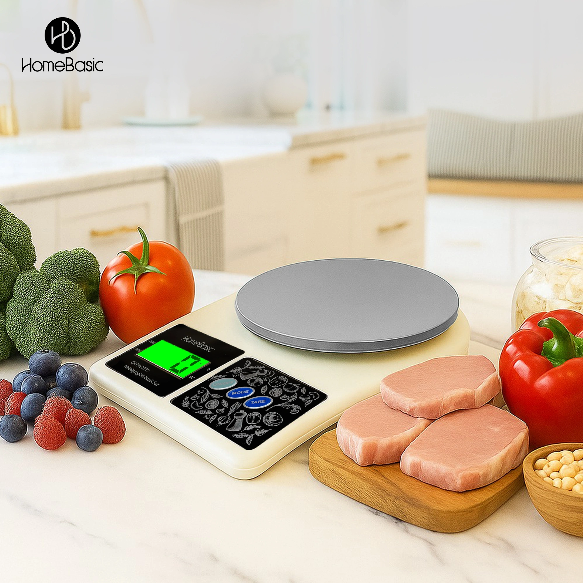 HomeBasic digital food scale in grey & beige. 5Kg max, 0.1g precision, tare function & multi-units