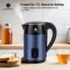 1.7L electric kettle with 1500W rapid boiling, cool touch exterior, locking lid, mesh filter, auto shut-off, overheat protection and 360° rotating base for quick tea and coffee.