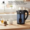 1.7L electric kettle with 1500W rapid boiling, cool touch exterior, locking lid, mesh filter, auto shut-off, overheat protection and 360° rotating base for quick tea and coffee.