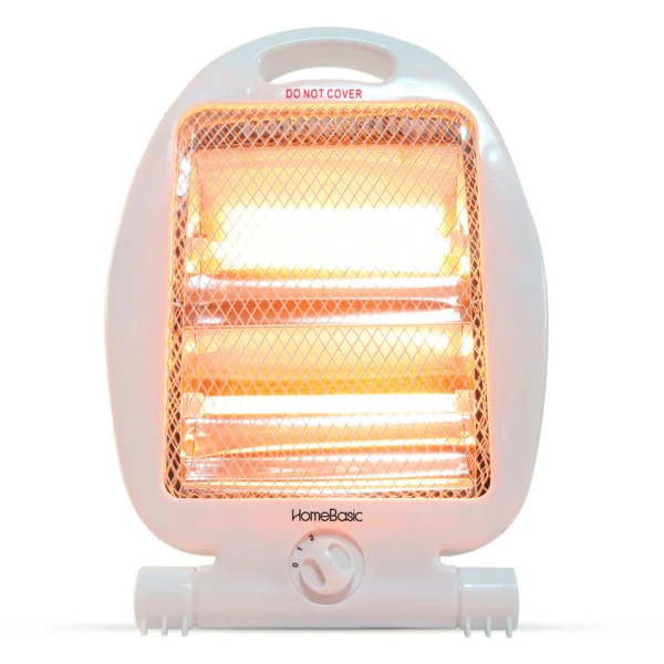 HomeBasic 800W Room Heater features dual 400W/800W heat settings, 2 quartz heating tubes, cool touch shock-proof body, safety mesh grill, and noiseless operation. portable electric heater for home, office, and travel.