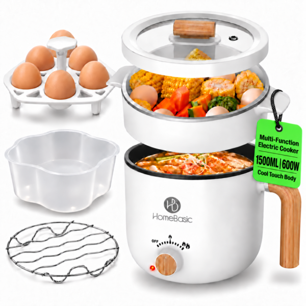 1.5L Multi-Function Electric Cooker – 600W, Stainless Steel Pot with Steam Rack & Egg Holder