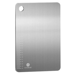 HomeBasic Stainless Steel Chopping Board 36.5 x 28.5 cm | 304 Food Grade SS Cutting Board | Built-in 15 cm Ruler | Rust Resistant, Non-Porous | Vegetables, Meat, Fish & Dough | Hanging Hole
