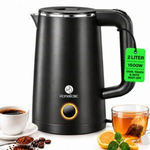 HomeBasic Electric Kettle 2 Litre, 1500W - Cool Touch Outer Body, Stainless Steel Inner, Auto Shut-Off & Overheat Protection | Hot Water Boiler for Tea, Coffee | Matte Black